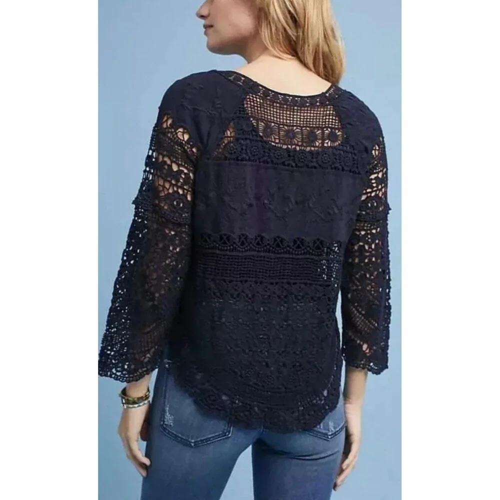 Anthropologie Deletta Navy Bohemian Crochet Lace Embroider Blouse Cover Up Top M